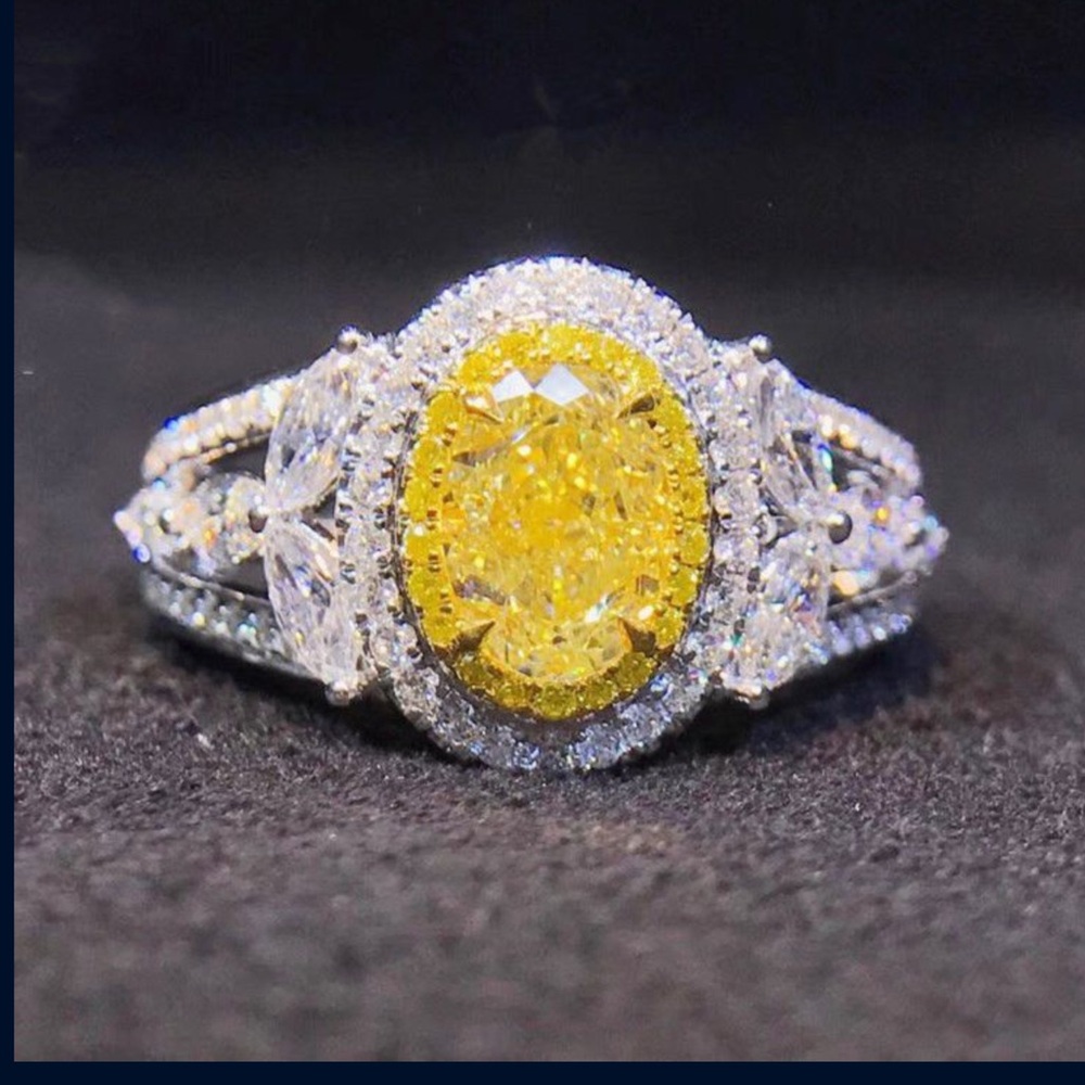 - 💍Lux Canary Yellow &White Cz Diamond Halo Cocktail Ring